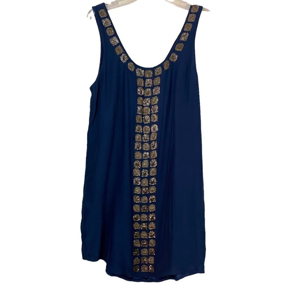 Haute Hippie 100% Silk Blue Dress with Gold Embellishments-Size Small